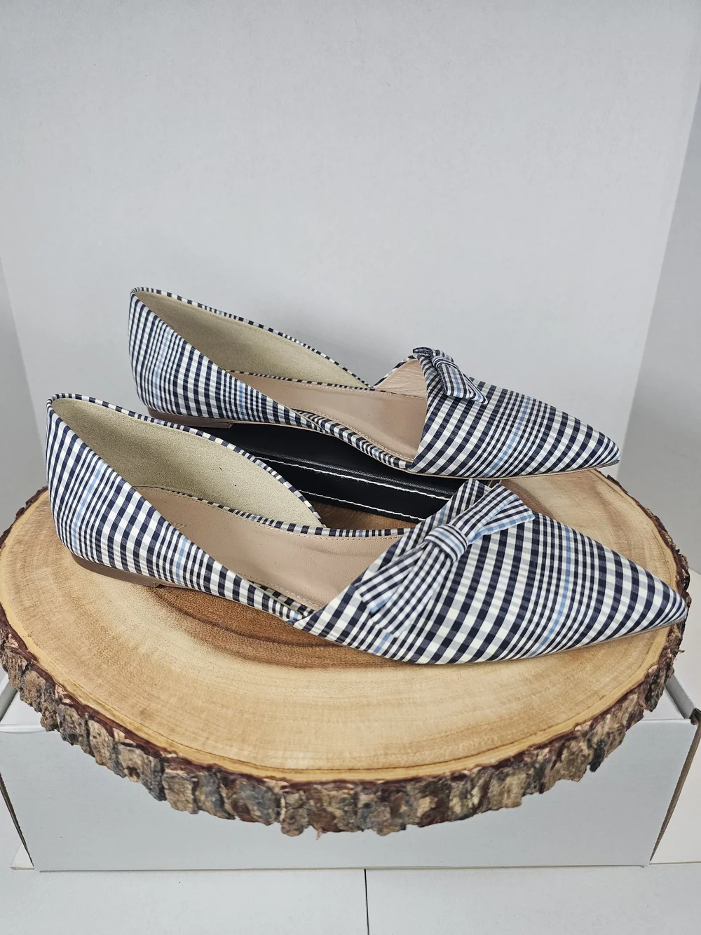 J. Crew Navy and White Gingham Pointed-Toe Flats with Bow